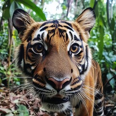 Fototapeta premium Wildlife tiger striped photography. Open eye black orange fur. Dangerous cat animal tropical jungle forest hunter close up photo