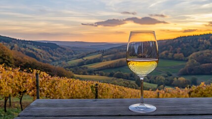 Obraz premium Glass of Wine at Sunset Over Vineyard Landscape