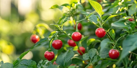 Mini red bell peppers and vibrant red peppercorns thrive on a green bush in a garden. These farm fresh bio vegetables flourish during the summer growing season, showcasing their beauty from a bottom