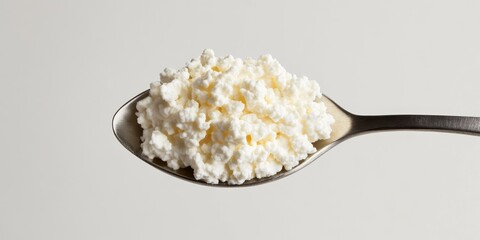 Cottage cheese served on a spoon against a white background, featuring a top down perspective, highlights the creamy texture and appearance of cottage cheese in an isolated setting.