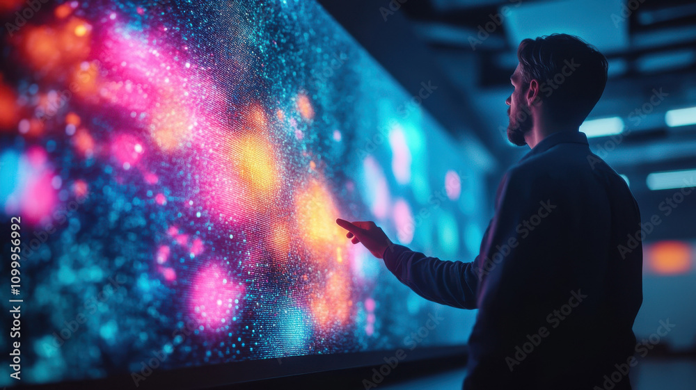Poster vibrant data visualization projected on wall, showcasing colorful patterns and lights. man interacts