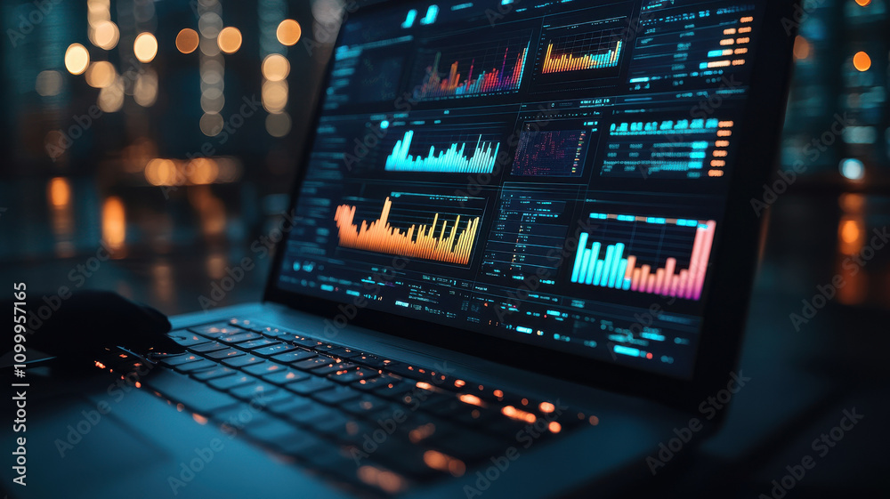Poster close up of laptop displaying colorful data visualizations and graphs, showcasing analytical informa