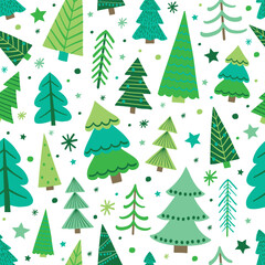 Obraz premium Cute Christmas pattern with colourful trees and snowflakes. Wallpaper concept. Vector illustration