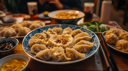 Fototapeta premium Dumplings served on a table in a lively restaurant during evening dining