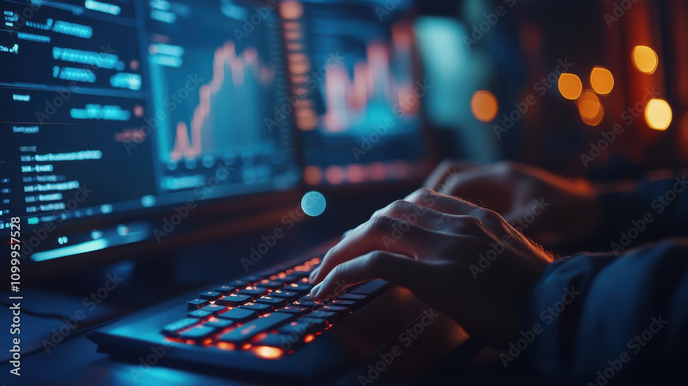 Poster close up of hands typing on keyboard with data visualizations on screens, showcasing tech savvy envi