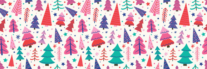 Obraz premium Christmas tree background. Seamless pattern design with hand drawn ornaments. Wallpaper concept. Vector illustration