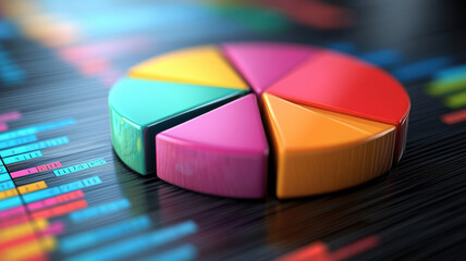 Colorful pie chart and bar graph on dark background, showcasing data visualization. This represents analytical insights and statistical information effectively