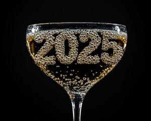 Champagne bubbles forming the number 2025 in a glass celebrating new year's eve