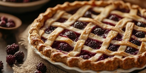 Rustic mulberry pie featuring an intricate lattice design, showcasing the deliciousness of mulberries. This image captures the essence of a rustic mulberry pie with selective focus.