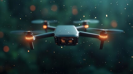 Anti tracking technology concept: A sleek, modern drone hovers in a misty, green environment, illuminated by soft lights, capturing a sense of technology and nature's beauty.