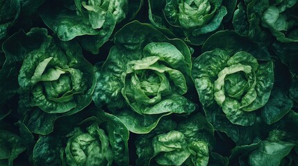 Fototapeta premium Lush green lettuce plants densely packed together, viewed from directly above, showing intricate leaf detail and texture.