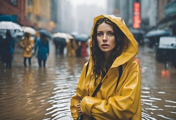 People in flooded rainy city