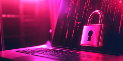 Cyber security concept of a digital padlock in front of a laptop computer, digital security