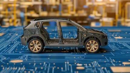 Obraz premium Electric vehicle development showcase automotive technology lab digital manufacturing process futuristic environment side view battery innovation concept