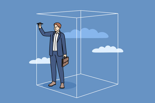 Personal space of business man drawing boundaries with pencil and flying among clouds. Positive guy in formal suit creating personal space and comfort zone to achieve psychological health