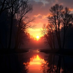 Sunset over a river and forest