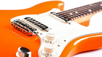 Bright orange electric guitar with sleek design and polished finish, showcasing its vibrant color and detailed hardware. Perfect for music enthusiasts and collectors