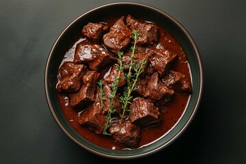Close-Up of a Bowl of Beef Bourguignon with Fresh Thyme, Presenting Warm Tones and Savory Composition. Great for French Cuisine Promotions, Food Styling, or Recipe Cards.