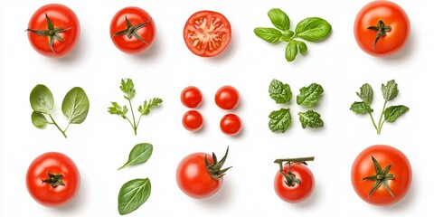 Fototapeta premium Isolated tomatoes, leafy greens, and tomato paste arranged on a clean white background create a vibrant composition highlighting the freshness of tomatoes and their culinary uses.
