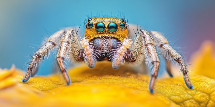 Stunning close up of a Hyllus Jumping spider showcasing its intricate details and features, emphasizing the unique characteristics of this captivating Hyllus Jumping spider species.
