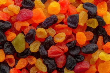 Assorted Dried Fruits Piled Together, Captured in a Bright and Detailed Close-Up for a Vibrant and Fresh Look. Great for Wellness Articles, Snack Branding, or Culinary Use.