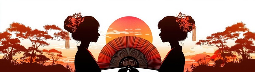 Silhouettes of two women against a vibrant sunset, showcasing cultural beauty and harmony.