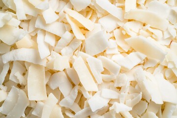 Shredded Coconut Flakes, Showcasing Their Subtle and Organic Appearance in a Close-Up Perspective. Great for Recipe Blogs, Ingredient Displays, or Food-Themed Articles.