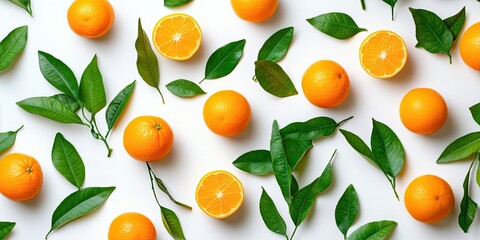 Obraz premium Orange fruits surrounded by green leaves displayed on a white background. This top view showcases the vibrant orange fruits and the contrast with the green leaves beautifully.