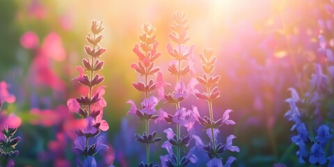 Obraz premium Stunningly beautiful, this colorful floral background features salvia flowers illuminated by summer sunlight. The salvia flowers create an atmospheric, gentle artistic image in nature macro focus.