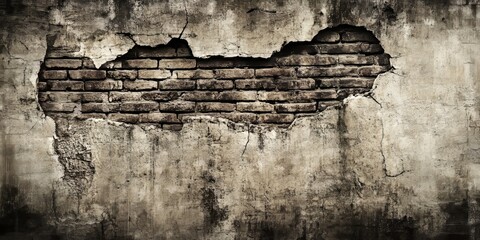 Obraz premium Ruined brick wall featuring a concrete background, showcasing a brown hue with an overarching horror tone in black and white, captures the essence of decay and age in this striking image.
