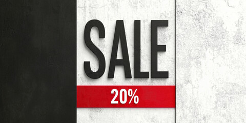 Obraz premium A clean and modern SALE banner featuring bold black typography and a striking red stripe displaying a 20% discount, set against a textured black-and-white split background for maximum impact.