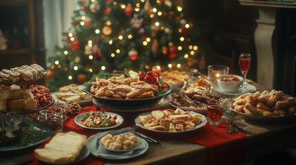 Fototapeta premium Holiday feast featuring various dishes and festive decorations by the Christmas tree
