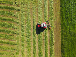 View from above on a red tractor turning the grass on the farm field for drying