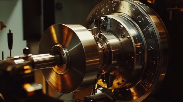 A balancing machine carefully adjusting a turbocharger rotor, with gauges and laser sensors visible. The scene captures the precision needed in maintaining turbine balance and performance.