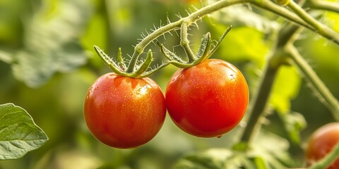 Obraz premium Two ripe cherry tomatoes hanging from the vine showcase the vibrant beauty of cherry tomatoes, ideal for culinary presentations or garden themed imagery featuring cherry tomatoes.