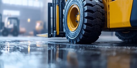 Forklift tire and reach truck tire are parked on a cement floor, highlighting the importance of safety checks for machine condition in industrial factory safety systems. Safety is paramount.