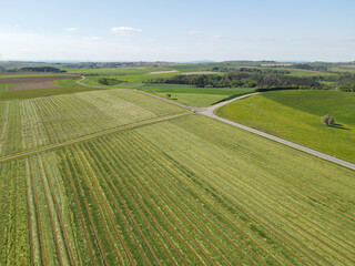 View from above of a landscape with farm fields and trees on a sunny day in spring 