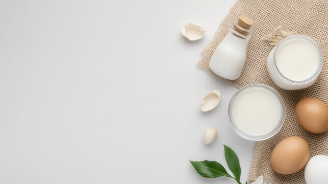 Fresh milk, eggs, and cream arranged on neutral background create bright and eye catching composition. natural elements evoke sense of simplicity and freshness