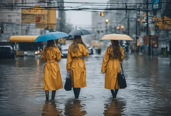 People in flooded rainy city