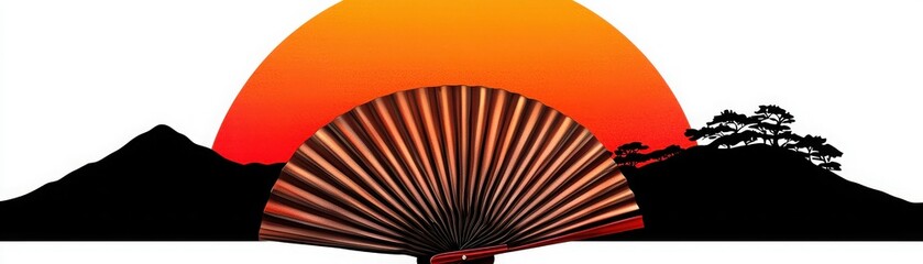 A vibrant sunset silhouette with a fan, mountains, and trees, symbolizing tranquility.