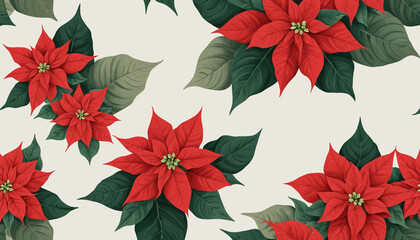 A cluster of bright red poinsettia flowers with green leaves, positioned on the left