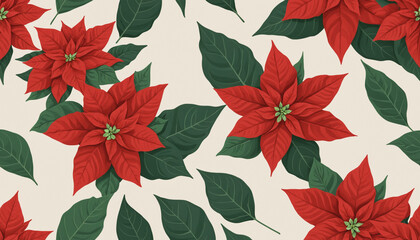 A cluster of bright red poinsettia flowers with green leaves, positioned on the left