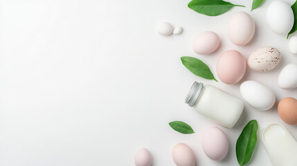 Fresh milk and assorted eggs arranged with green leaves create vibrant display. This colorful composition highlights natural beauty of dairy and eggs, perfect for culinary inspiration
