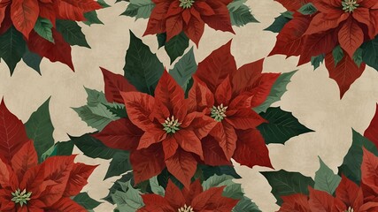 A cluster of bright red poinsettia flowers with green leaves, positioned on the left