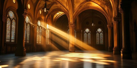 Obraz premium Light streaming through an arch creates a captivating scene, showcasing the beauty of light and architecture in an enchanting historic setting defined by its arches and illumination.