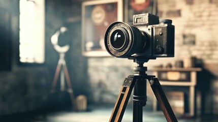 Vintage Camera on Tripod in Rustic Studio Setting