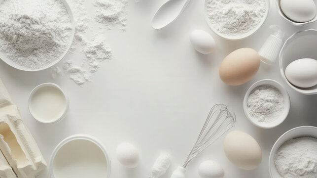 Fresh ingredients for baking, including flour, eggs, and milk, arranged neatly on white surface, creating clean and inviting atmosphere for culinary creativity