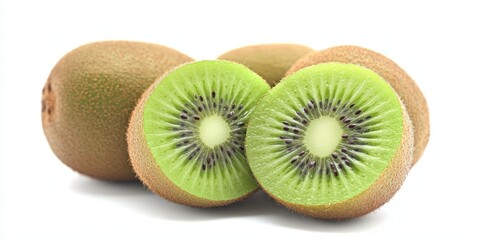 Fototapeta premium Fresh ripe kiwi fruits displayed against a white background, showcasing the vibrant green flesh and unique texture of ripe kiwi fruits, perfect for highlighting healthy eating and natural flavors.