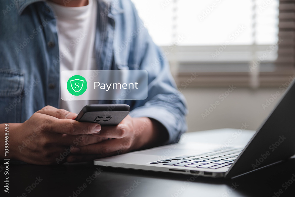 Poster mobile payment security protection. person using a smartphone for secure online payment, featuring a