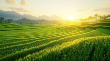 Obraz premium A bright, clear sky casts warm sunlight over a lush rice paddy field, with neatly arranged rows of green plants reaching the horizon